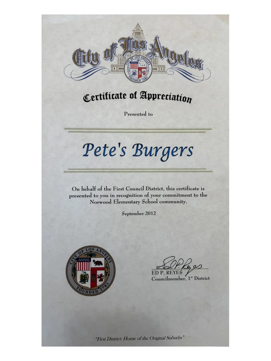 City of Los Angeles Certificate of Appreciation, 2012
