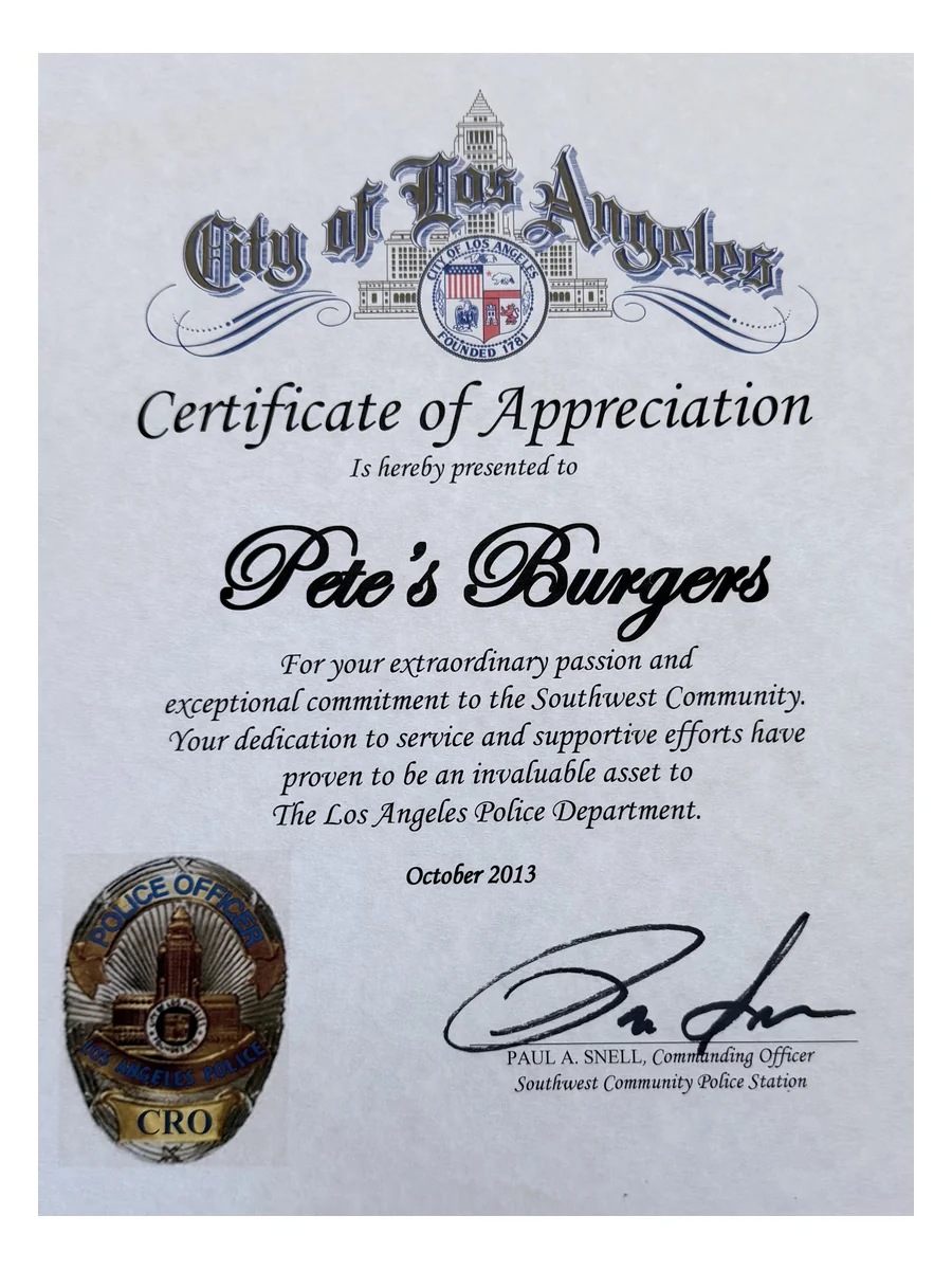 LAPD Southwest Certificate of Appreciation, 2013