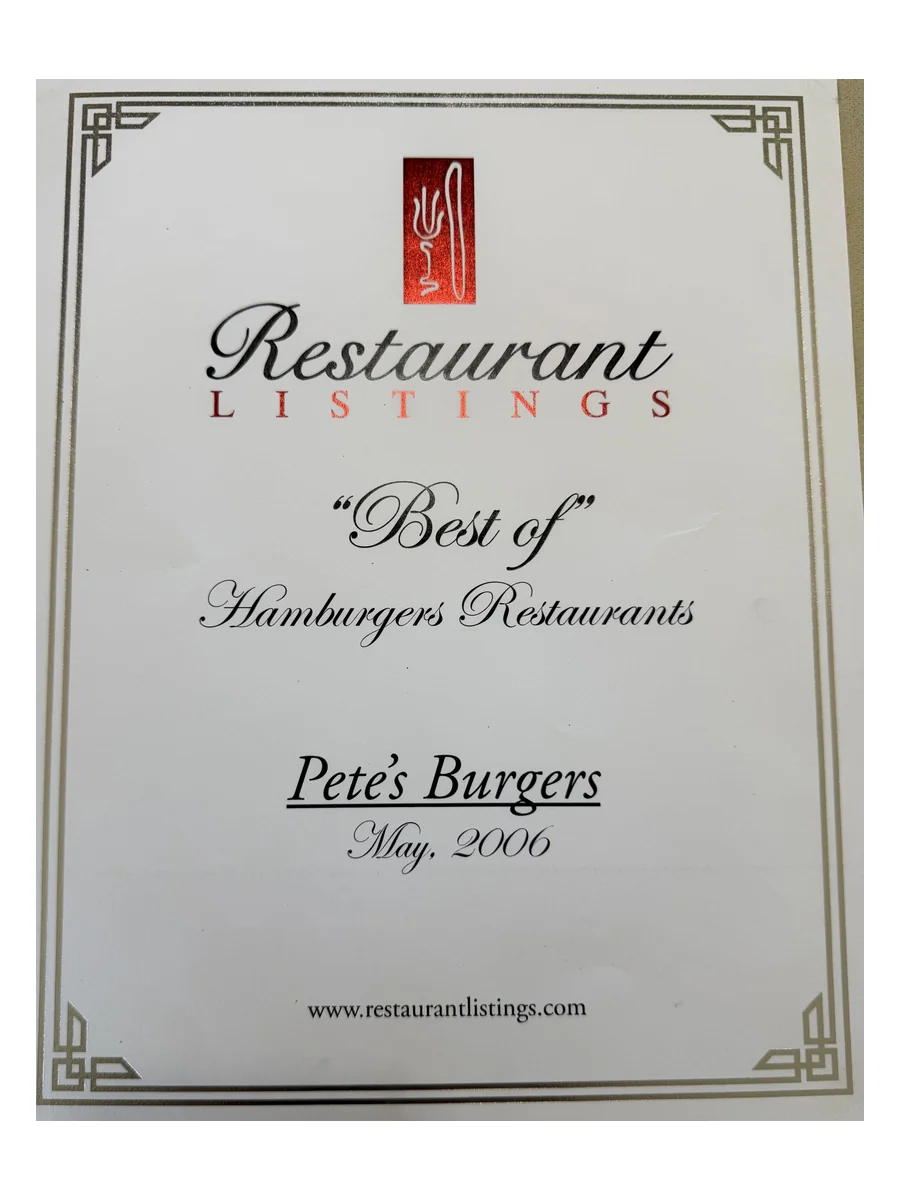 Restaurant Listings Best of Hamburger Restaurants award, 2006